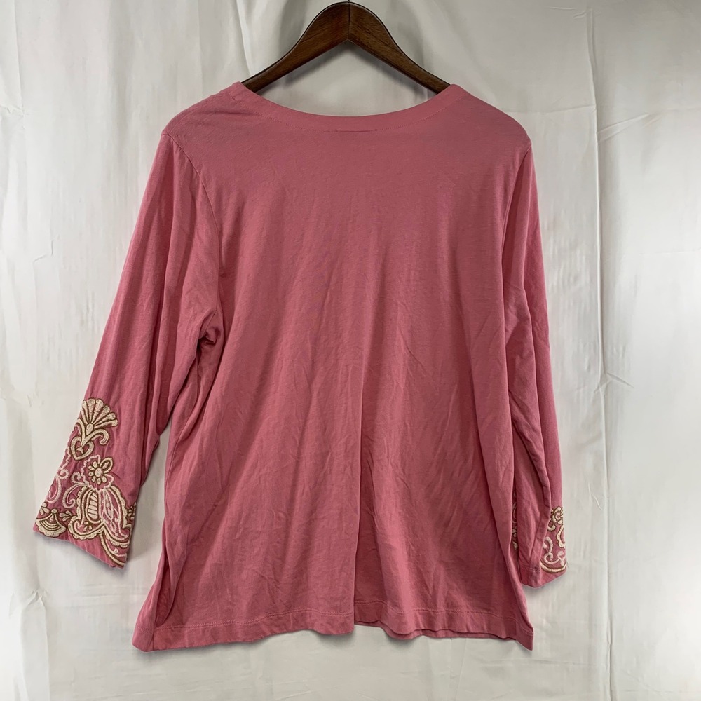 J. Jill Embroidered V-Neck Top Womens Large Pink 3/4 Sleeve Cotton Modal - Picture 9 of 11